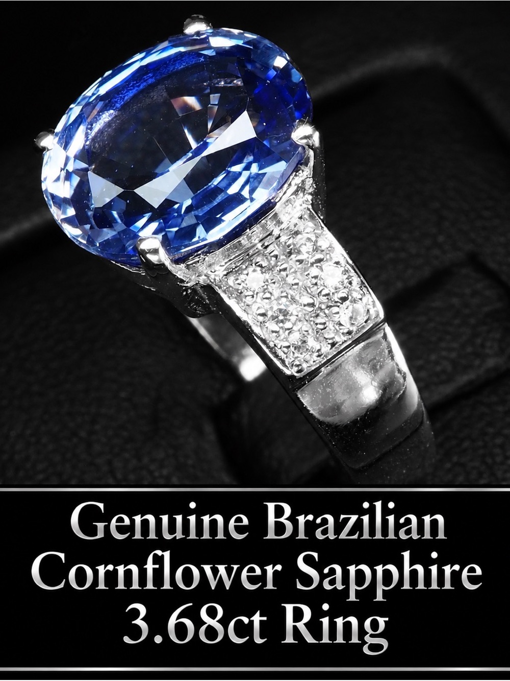 Cornflower Sapphire blue & white. 14kbon silver ring. 3.68ct size 8